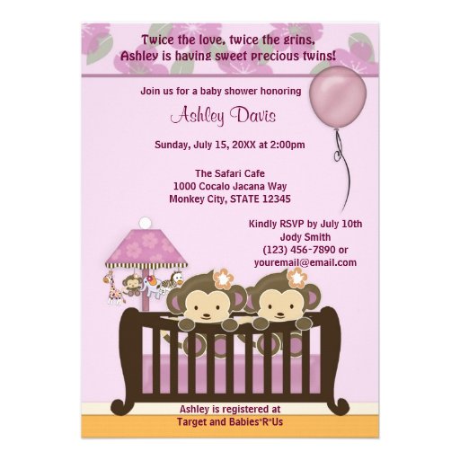 TWINS Monkey Baby Shower Invitation Crib ORCHID (front side)