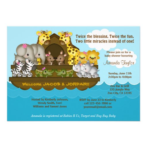 TWINS Noah's Ark Baby Shower Invitation (front side)