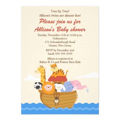 TWINS! Noah's Ark Boy or Girl Baby Shower Custom Announcement