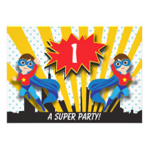Twins Superhero Birthday  |  Boys Brown Hair Invitations