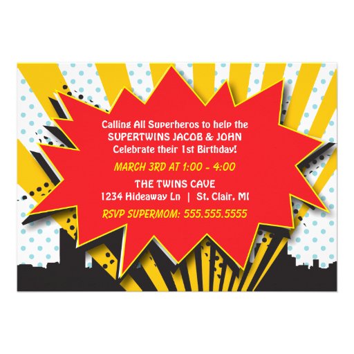 Twins Superhero Birthday  |  Boys Brown Hair Invitations