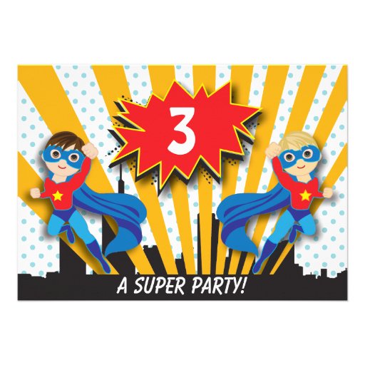 Twins Superhero Birthday | Boys Brown/Sandy Blonde Personalized Announcements