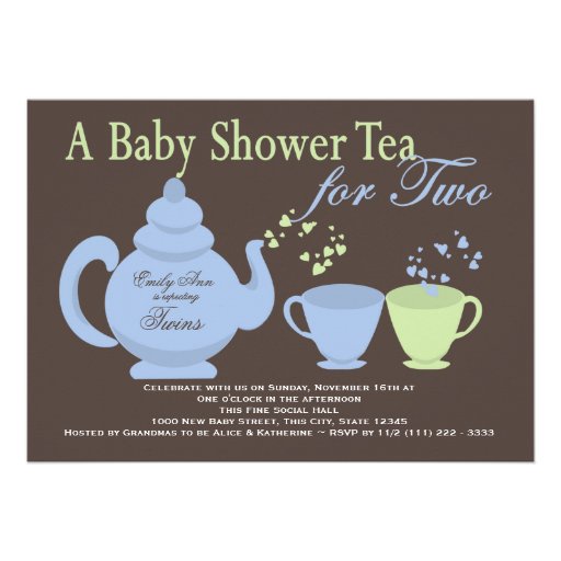 Twins Tea Party Blue Green Baby Shower Invite