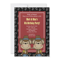 TWINS Twin Boys Western Cowboy Monkey 5x7 Birthday Announcement