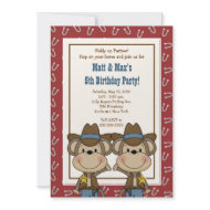TWINS Twin Boys Western Cowboy Monkey 5x7 Birthday invitation