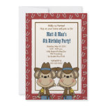 TWINS Twin Boys Western Cowboy Monkey 5x7 Birthday Invitation