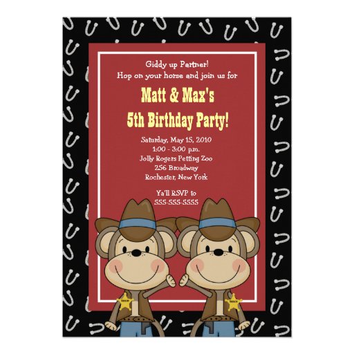 TWINS Twin Boys Western Cowboy Monkey 5x7 Birthday Custom Invites