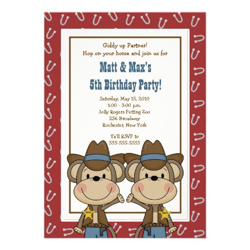 TWINS Twin Boys Western Cowboy Monkey 5x7 Birthday Invitation