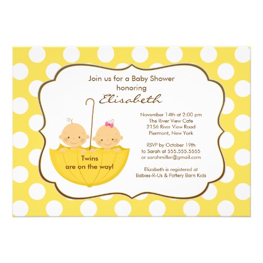 Twins Umbrella Baby Shower Invitation Yellow