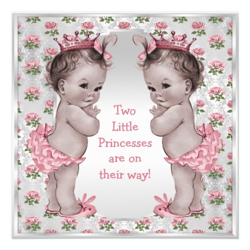 Twins Vintage Princess Roses Silver Baby Shower Custom Invitation (front side)