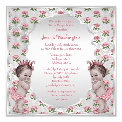 Twins Vintage Princess Roses Silver Baby Shower Custom Invitation