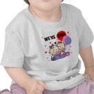 infant_tshirt - Baby girl twins first birthday t-shirts and bodysuits with two adorable babies in pink and lavendar sleepers and bows, a bunch of balloons, and text that reads "We're One!".