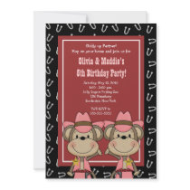 TWINS Western Cowgirl Monkey 5x7 Birthday Personalized Invite