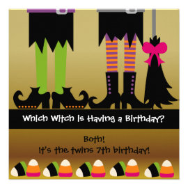 Twins Witch Halloween Birthday Party Invite