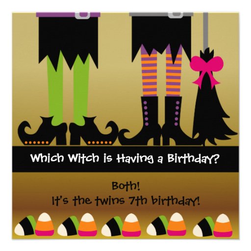 Twins Witch Halloween Birthday Party Invite (front side)