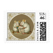 Two Anthropomorphic White Mice Reading Stamps