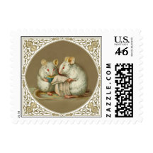 Two Anthropomorphic White Mice Reading Stamps