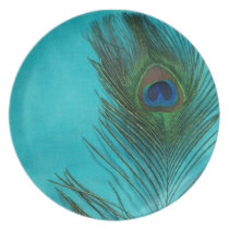 Two Aqua Peacock Feathers Dinner Plate
