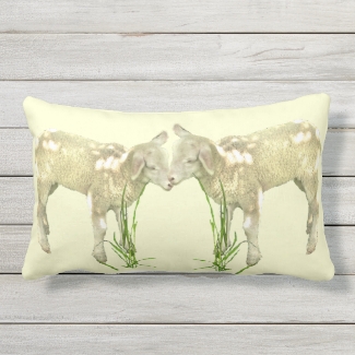 Two Baby Lambs on Yellow Lumbar Outdoor Pillow