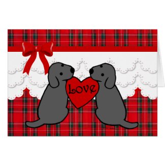 Two Black Labradors Cartoon Tartan card