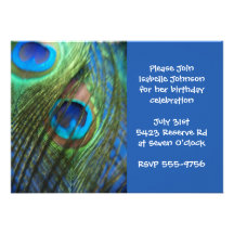 Two Blue Peacock Feathers Birthday Announcements