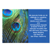 Two Blue Peacock Feathers Wedding Invitation