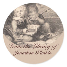Two boys reading Vintage Bookplate sticker