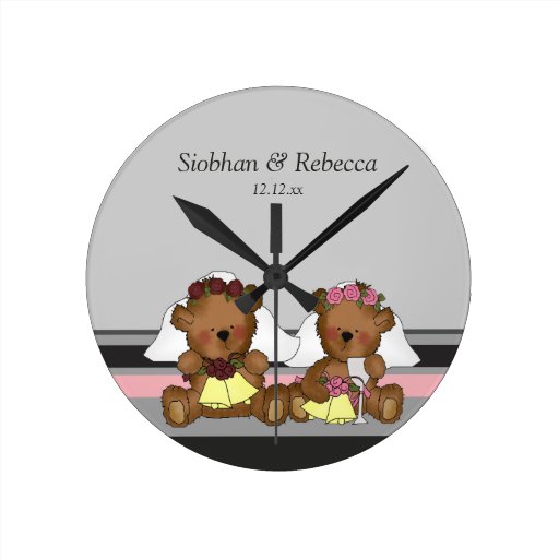 Two Bride Teddy Bears Clock