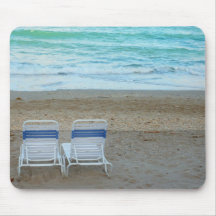 Two chairs on beach sand ocean waves mousepads