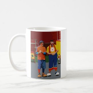 Two clowns cartooned bright colors mug