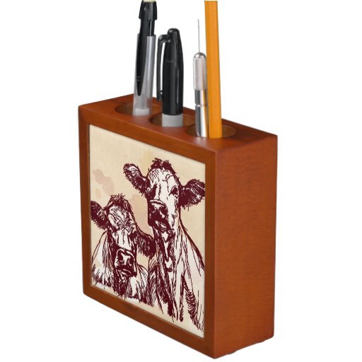Two cows hand draw sketch & watercolor vintage desk organizer Zazzle