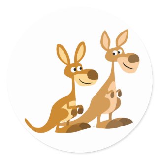 Two Cute Cartoon Kangaroos Round Sticker sticker