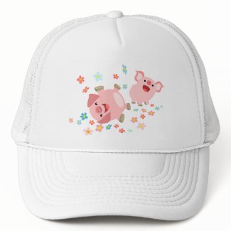 Two Cute Cartoon Pigs in Spring Hat hat