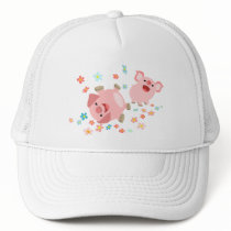 Two Cute Cartoon Pigs in Spring Hat