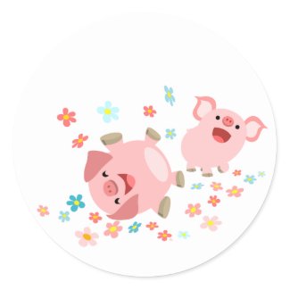 Two Cute Cartoon Pigs in Spring Sticker sticker