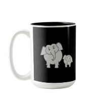 Two Cute Elephants. Cartoon on Black. Mugs