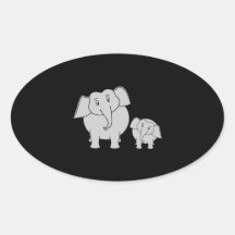 Two Cute Elephants. Cartoon on Black. Oval Stickers