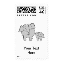 Two Cute Elephants. Cartoon. Postage Stamp