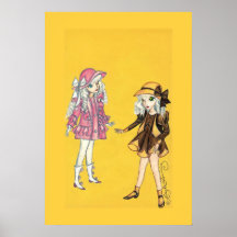 Two cute fashion girls with hats print