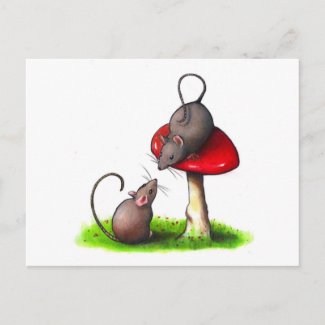 Two Cute Little Mice and a Toadstool: Artwork postcard