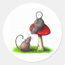 Two Cute Little Mice and a Toadstool: Artwork Round Stickers