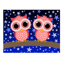 two cute pink owls postcards