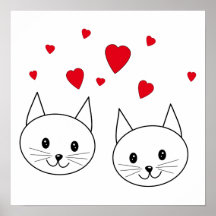 Two Cute White Cats with Red Hearts. Print