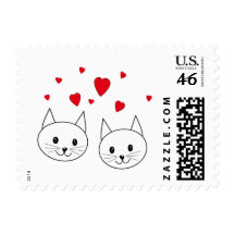 Two Cute White Cats with Red Hearts. Stamp