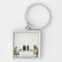 Two dogs wearing tie and glasses ,sitting on key chains