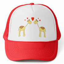Two Facing Giraffes with Hearts. Cartoon. Hats