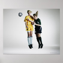 Two female soccer players in mid air heading posters