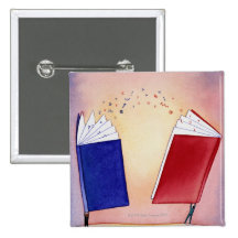 Two figures holding books above heads; symbols buttons