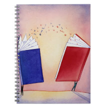 Two figures holding books above heads; symbols spiral note books