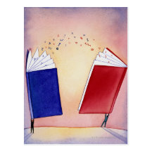 Two figures holding books above heads; symbols post card